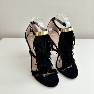 CHLOE Black Suede Strappy Fringe Ankle Strap Heels Sandals Size 38.5